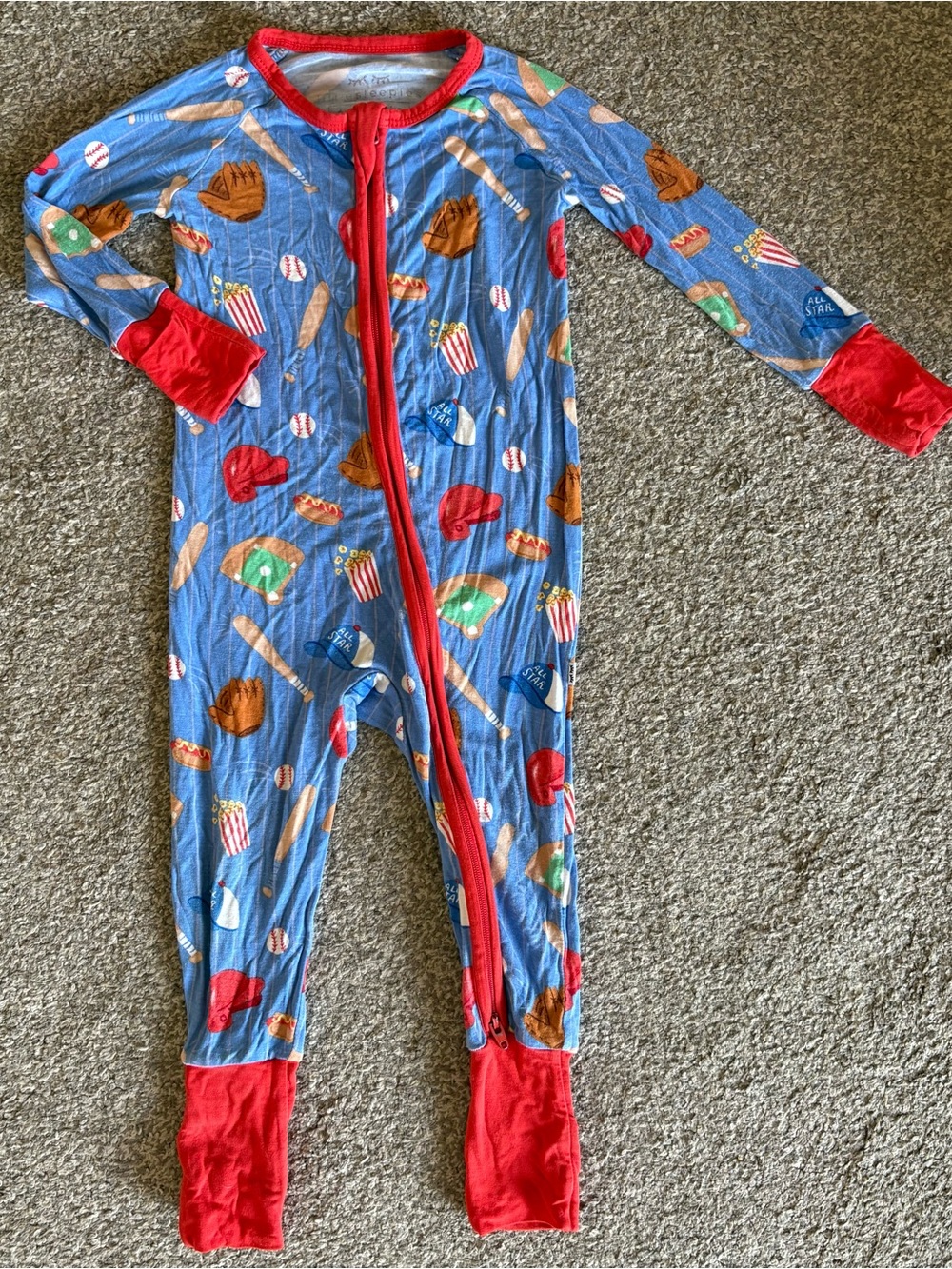 Little Sleepies Blue Baseball-Print Footed One-Piece with Red Trim